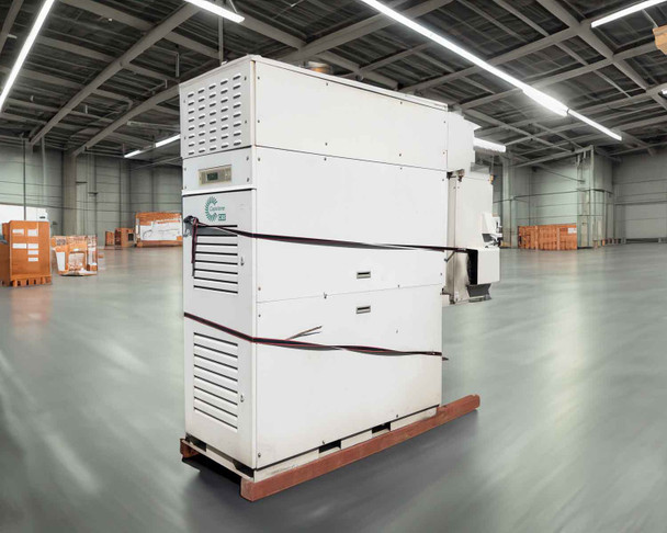 Capstone C65 65kW microturbine generator on pallet in warehouse – full front-left view showing white multi-module enclosure