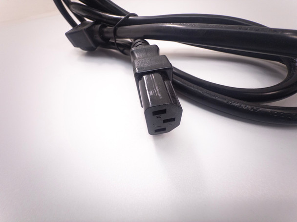 IEC C19 female receptacle end of power cord, close-up showing connector housing