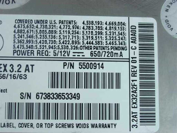 Quantum Fireball EX 3.2AT close-up of label showing P/N 5500914, S/N 673833653349, power requirements 5V/12V 650/720mA, and geometry 56/16/63