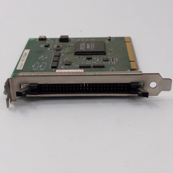 Interface PCI-2756AM motion control PCI card — angled side view showing 68-pin high-density bracket connector and main controller IC on green PCB