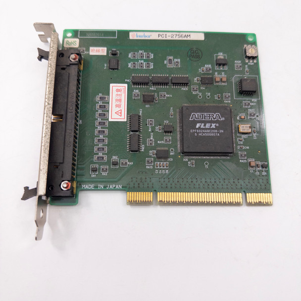 Interface PCI-2756AM motion control card — component-side view showing Altera FLEX FPGA EPF6024AEC208-2N, 68-pin connector, and Made in Japan silk screen