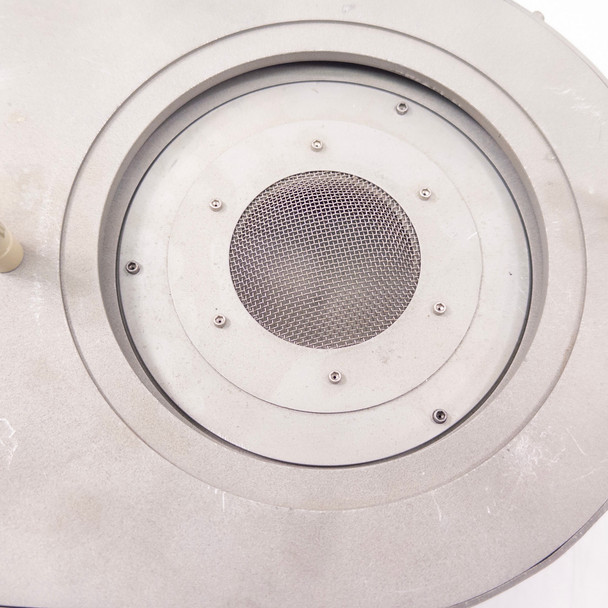 Semiconductor wafer process chuck – top-down view showing circular fine wire mesh gas distribution face with concentric screw ring and edge fitting