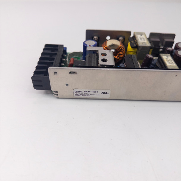 Omron S8VM-15024 power supply – side label view showing model number, voltage and current ratings, and UL listing mark