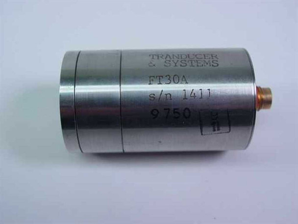Transducers and Systems FT30A cylindrical transducer close-up showing model markings FT30A, serial number 1411, and 9750 date code