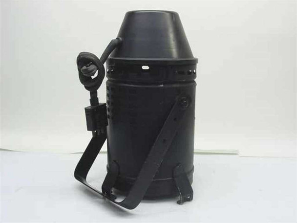 Strand Lighting par can stage fixture in black, angled front-left view showing bracket mount and power cable