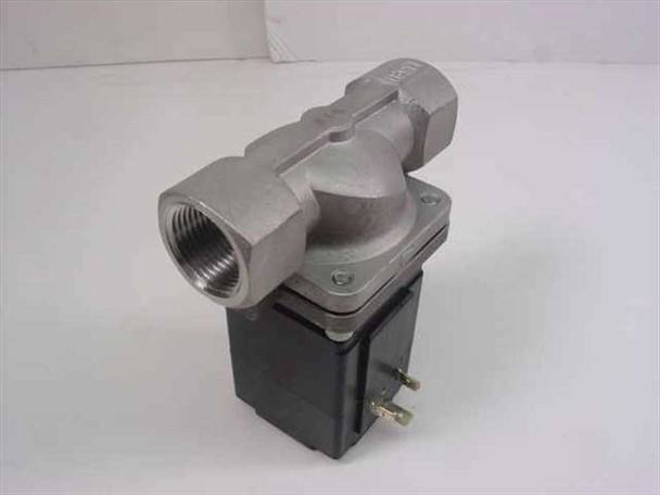 Burkert 454412N Model 290 Solenoid Valve — right-side angled view showing 3/4 NPT outlet port and coil terminal connections