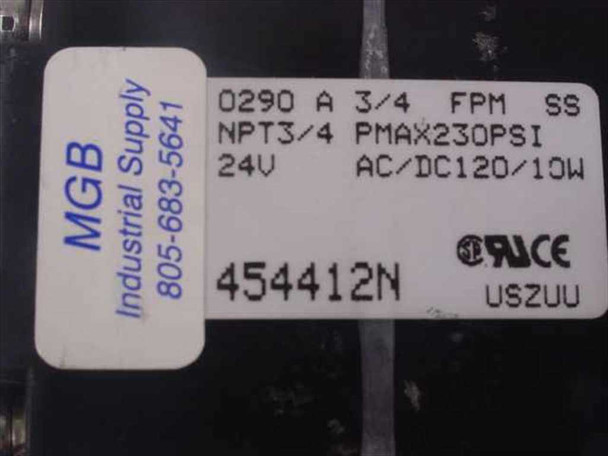 Burkert 454412N label showing model 0290 A, 3/4 NPT, FPM, SS, 24V, AC/DC 120/10W, PMAX 230 PSI, part number 454412N, UL and CE marks