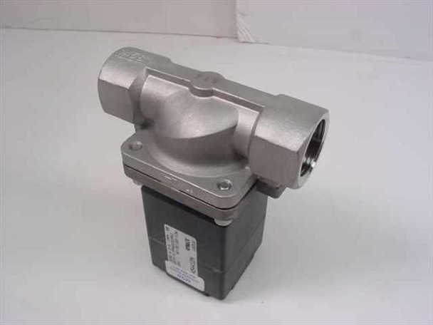 Burkert 454412N Model 290 2/2-Way Solenoid Valve — 3/4 NPT stainless steel body, angled left view showing solenoid coil housing and inlet port