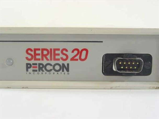 Percon Series 20 Incorporated front panel close-up showing DB9 9-pin serial connector and logo