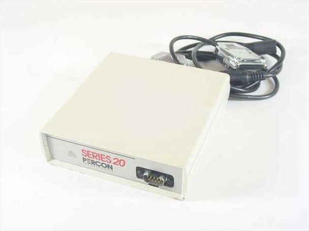 Percon Series 20 20-000-00 barcode decoder front-left angle view showing DB9 serial port and included IBM PC cable