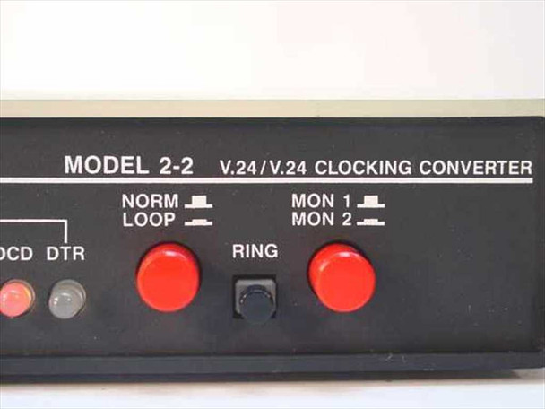 E|Comms Inc Model 2-2 front panel label detail – MODEL 2-2 V.24/V.24 CLOCKING CONVERTER with control button labels