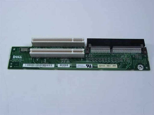 Dell 62YVH PCI riser card top view showing two PCI expansion slots and Dell logo – REV A00 label visible