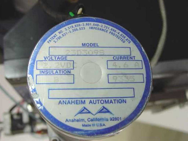 Anaheim Automation stepper motor label — Model 23D3098, 2.2 VDC, 4.6 A, Insulation B, made in USA