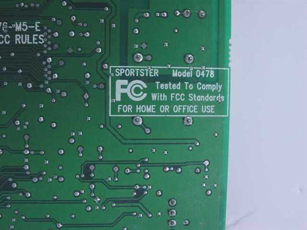 US Robotics Sportster 0478 PCB label closeup – FCC label reading Sportster Model 047B, Tested to Comply with FCC Standards, For Home or Office Use