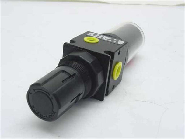 Watts FluidAir QUBE B35-02WGCS filter regulator side view showing 1/4-in inlet port and yellow adjustment knob