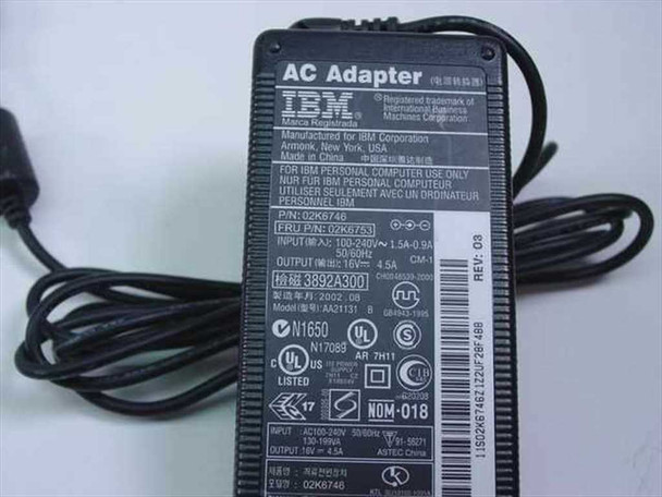 IBM 02K6746 AC Adapter rating label showing P/N 02K6746, FRU 02K6753, input 100–240V, output 16V 4.5A, model 3892A300, made in China