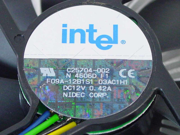 Intel fan label close-up showing part number C25704-002, Nidec Corp., DC 12V 0.42A, and F09A-12B1S1 markings