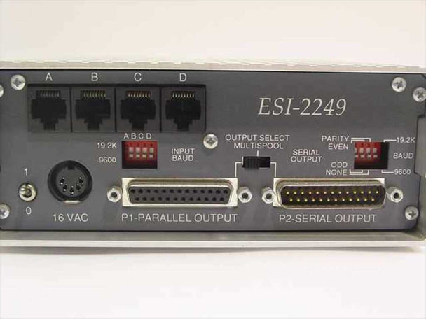 Extended Systems ESI-2249A rear panel close-up showing 4 RJ host inputs, P1 parallel output, P2 serial output, 16V AC power, and DIP switches