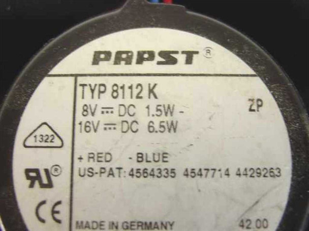 Papst TYP 8112K fan label showing 8V–16V DC, 1.5W–6.5W, UL and CE certified, Made in Germany