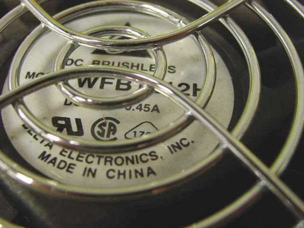 Delta Electronics DC brushless fan label showing 0.45A rating, viewed through wire guard from rear