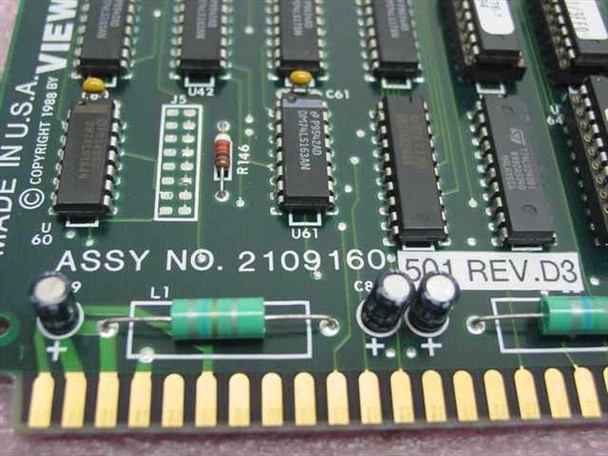 View Engineering board close-up of assembly number silkscreen reading 'ASSY NO. 2109160-501 REV. D3' and 'MADE IN U.S.A. Copyright 1988'