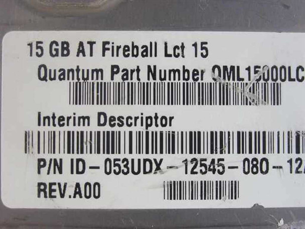 Quantum Fireball lct 15 label closeup showing part number QML15000LC and Dell P/N ID-053UDX-12545-080 REV.A00