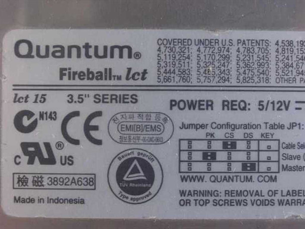 Quantum Fireball lct 15 bottom label showing power requirements 5V/12V, jumper configuration table, Made in Indonesia, and CE/UL certifications