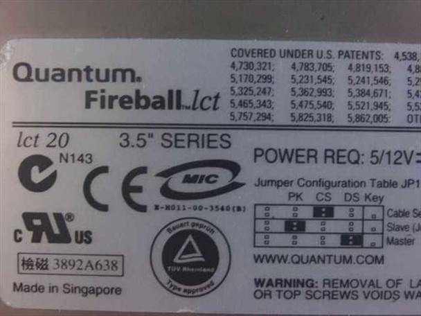 Quantum Fireball lct 20 top cover label showing lct 20 3.5-inch series, power requirements 5/12V, jumper configuration table, Made in Singapore