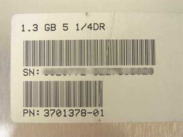 Label showing 1.3 GB 5 1/4DR hard drive with Part Number 3701378-01 barcode