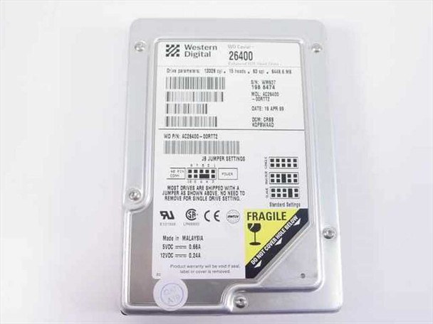 Western Digital AC26400 WD Caviar 6.4GB IDE hard drive – top label view showing model number, jumper settings, and power specs