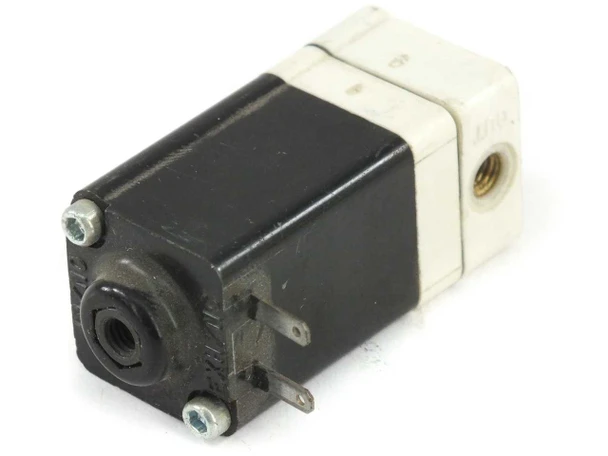 Humphrey N7161 5VDC solenoid valve – front and side view showing black solenoid body and white valve body with brass port