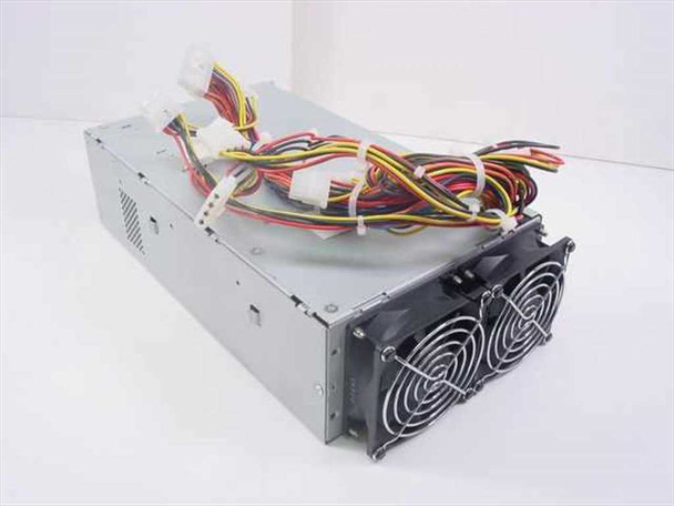 Delta RPS-350 D server PSU housing – angled front view showing dual cooling fans and attached power harness with Molex and ATX connectors