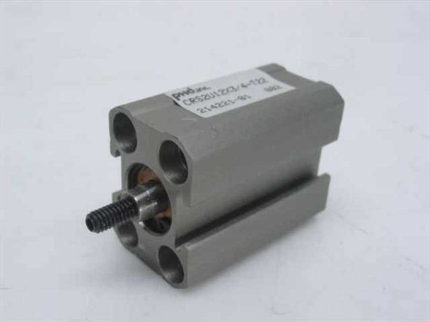 PHD Inc CRS2U12X3/4-T22 compact pneumatic cylinder – front angled view showing label with model number, part number 214221-01, and threaded rod end