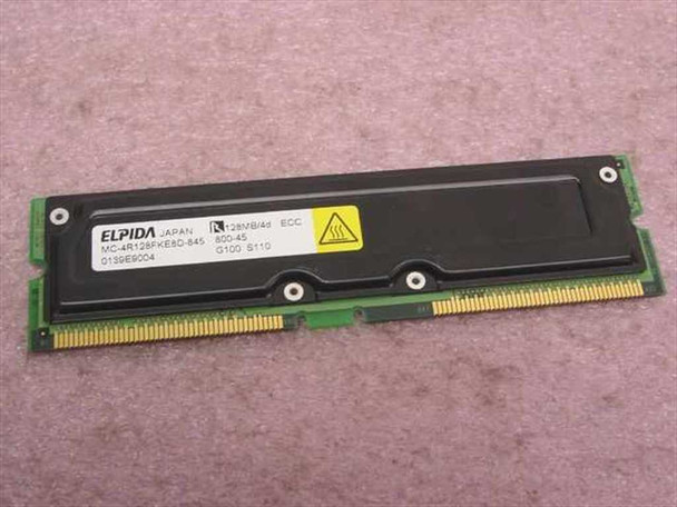 Elpida MC-4R128FKE8D-845 128MB ECC RDRAM RIMM module – front view showing label with part number and heat spreader