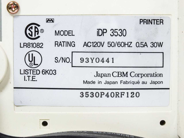 Citizen CBM iDP3530 rating plate label showing Model iDP 3530, AC120V 50/60Hz 0.5A 30W, Serial No. 93Y0441, Japan CBM Corporation, Made in Japan