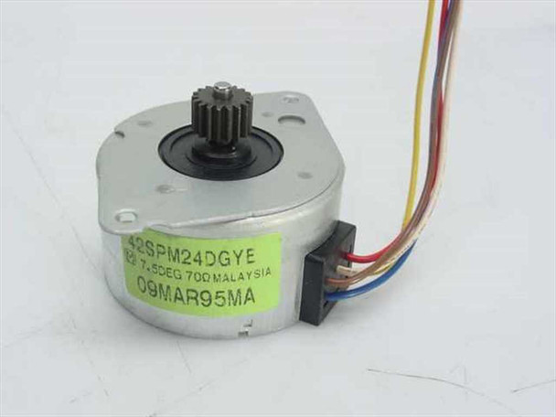 Panasonic 42SPM24DGYE 2-phase stepper motor front view showing gear on shaft and label with part number, 7.5 degree step angle, and Malaysia manufacture date 09MAR95MA