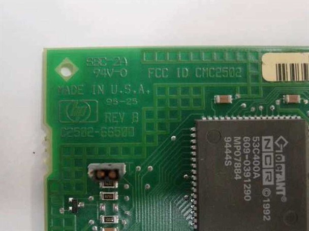 HP C2502-66500 PCB closeup showing C2502-66500 part number, Rev B marking, Made in USA, NCR 53C400A SCSI controller chip, and FCC ID CNC2502