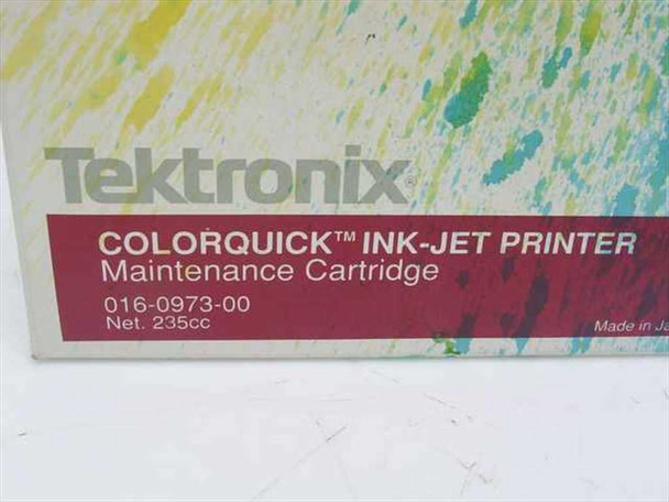 Tektronix ColorQuick Ink-Jet Printer Maintenance Cartridge 016-0973-00 box label showing part number and 235cc net volume