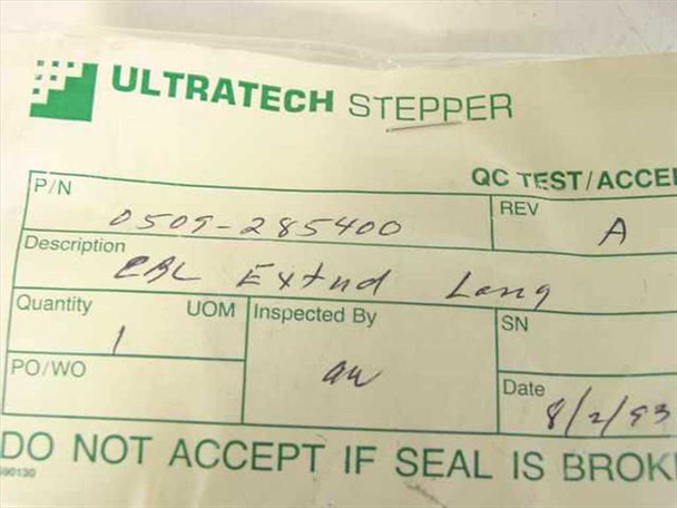 Ultratech Stepper QC Test label showing part number 0509-285400, Rev A, description CBL Extnd Leng, date 8/2/93