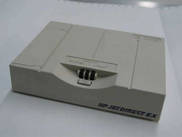 HP JetDirect EX J2382B external print server – top and front view showing DIP switches and status label