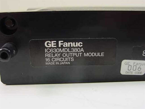 GE Fanuc IC630MDL380A label closeup — shows model number, Relay Output Module, 16 Circuits, Made in Japan, date code 006