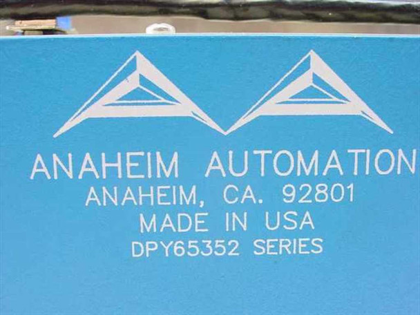 Anaheim Automation DPY65352 Series label closeup – shows brand logo, Anaheim CA 92801, Made in USA, DPY65352 Series text