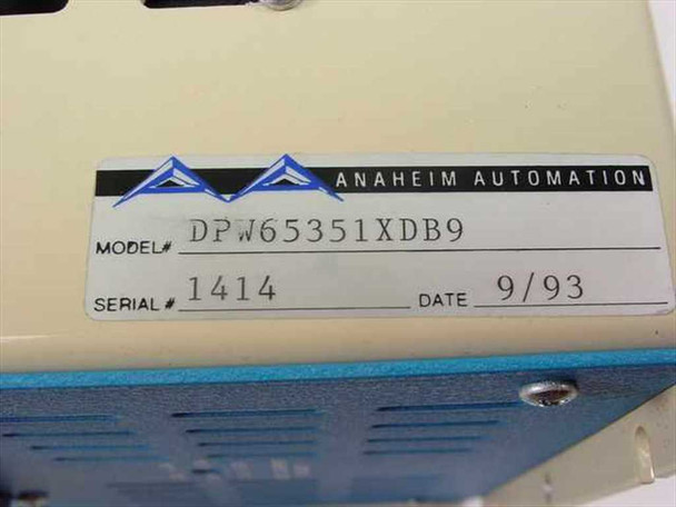 Anaheim Automation DPW65351XDB9 — model and serial number label showing Model DPW65351XDB9, Serial 1414, Date 9/93
