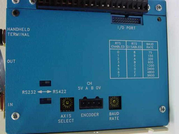 Anaheim Automation DPW65351XDB9 — front panel detail showing RS-232/RS-422 select switch, Axis Select DIP, Encoder connector, Baud Rate DIP, Handheld Terminal port, I/O Port header, and baud rate table