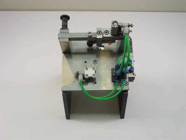 SMC pneumatic tolerance checking fixture front-left view showing aluminum frame, green pneumatic tubing, and SMC cylinder assembly