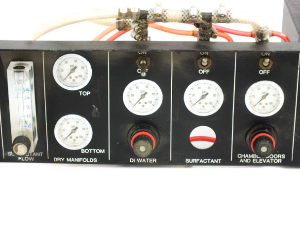 CRD-1410-DF front panel detail — surfactant flow meter, dry manifold gauges, DI Water and Surfactant pressure gauge/switch sections