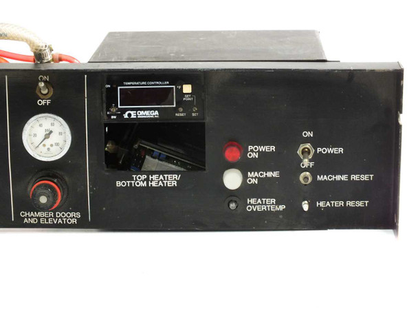 CRD-1410-DF right panel section showing Omega CN310 temperature controller display, Top/Bottom Heater label, Power On, Machine On indicators and reset buttons