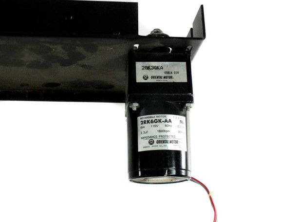 Oriental Motor 2RK6GK-AA motor and 2GK30KA gear head side view — impedance protected label, Oriental Motor branding visible