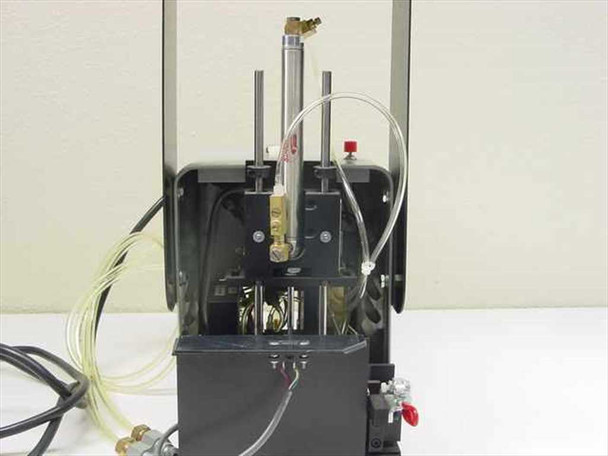 Ultramation OA-4 Pneumatic Linear Thruster — front view of thruster mechanism showing polished guide rods, brass regulator, pneumatic tubing lines, and red emergency stop button
