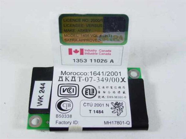 Askey 1456 VQL4 modem board reverse showing regulatory labels: Industry Canada 1353 11026 A, Morocco approval, VCI, CTU, Factory ID MH17801-Q
